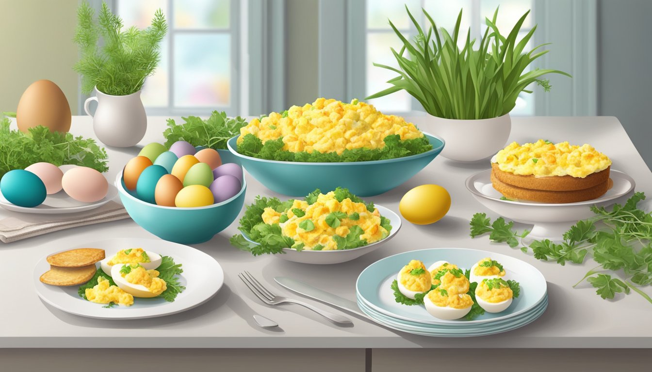 A festive Easter breakfast table with a colorful spread of deviled egg salad, fresh greens, and decorative Easter eggs