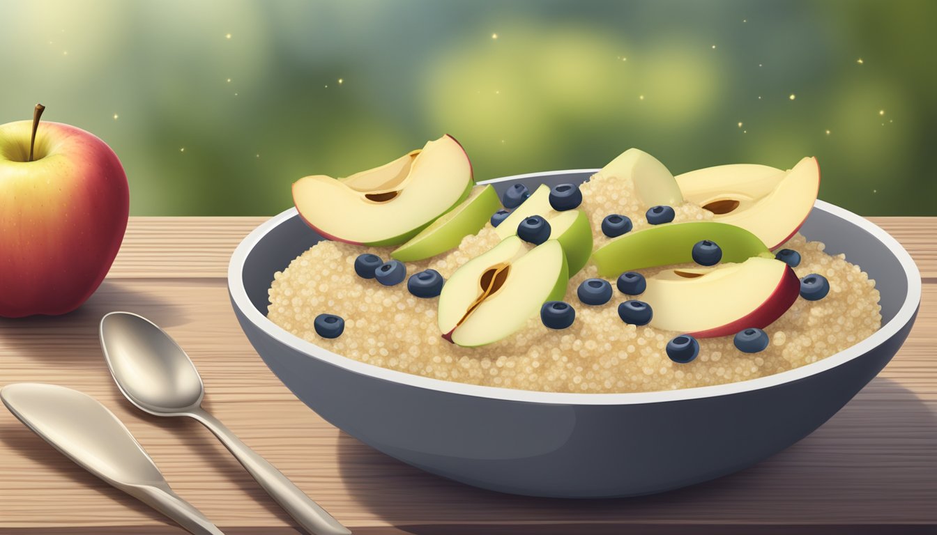 A bowl of quinoa porridge topped with apple slices on a wooden table