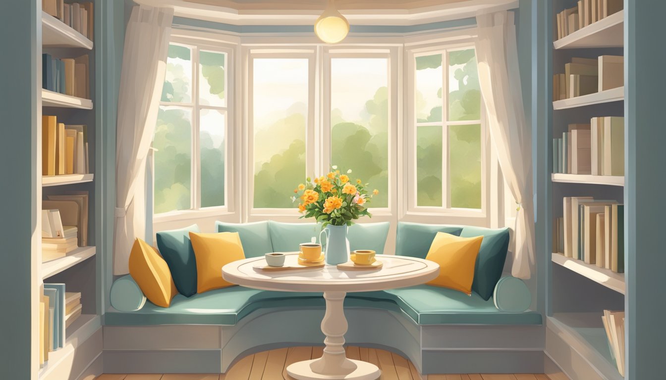 A cozy breakfast nook with built-in bookshelves, a small table with a vase of flowers, and a window letting in warm morning light