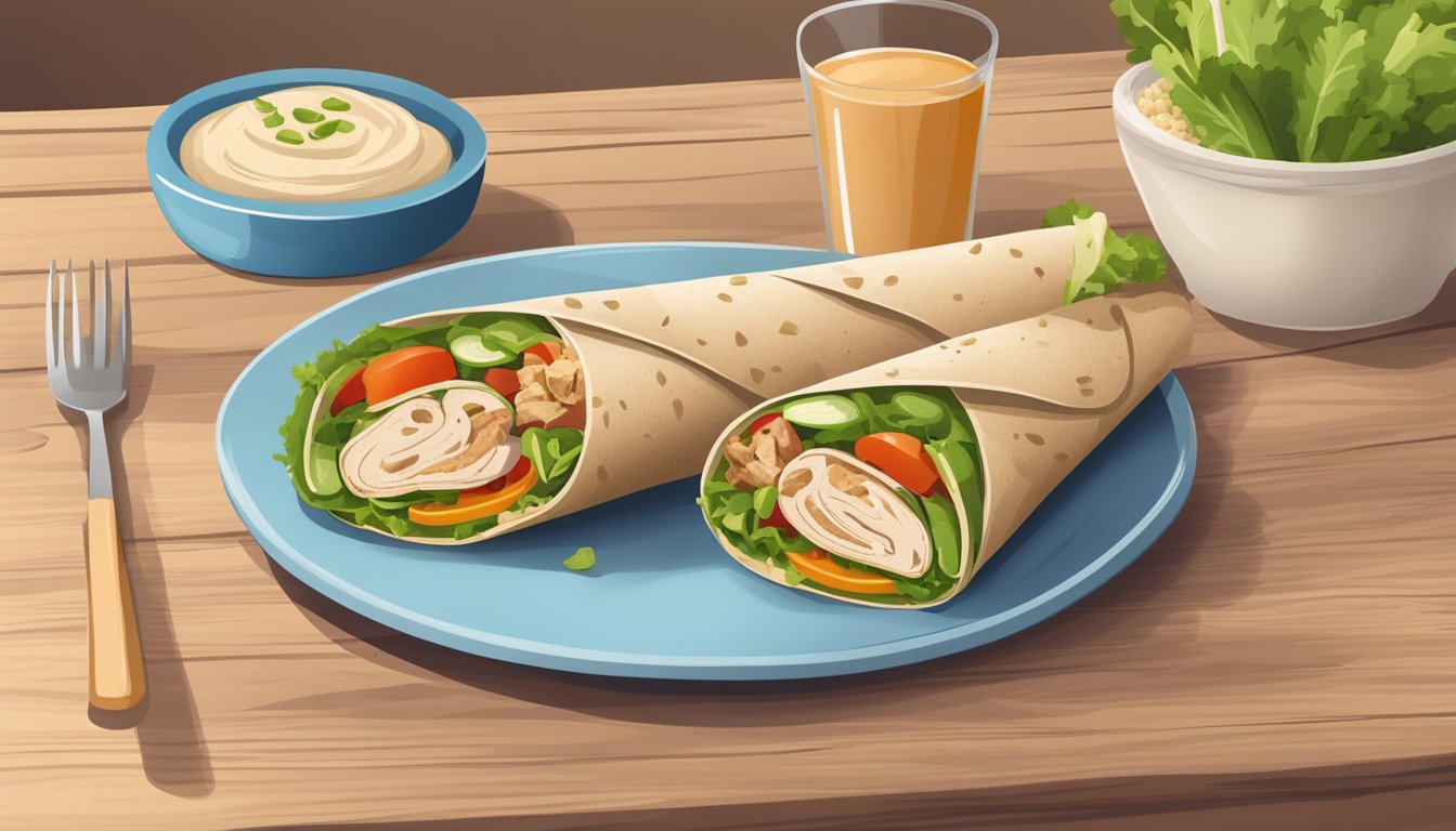 A whole grain wrap filled with turkey slices and hummus, surrounded by fresh vegetables and a glass of water on a wooden table