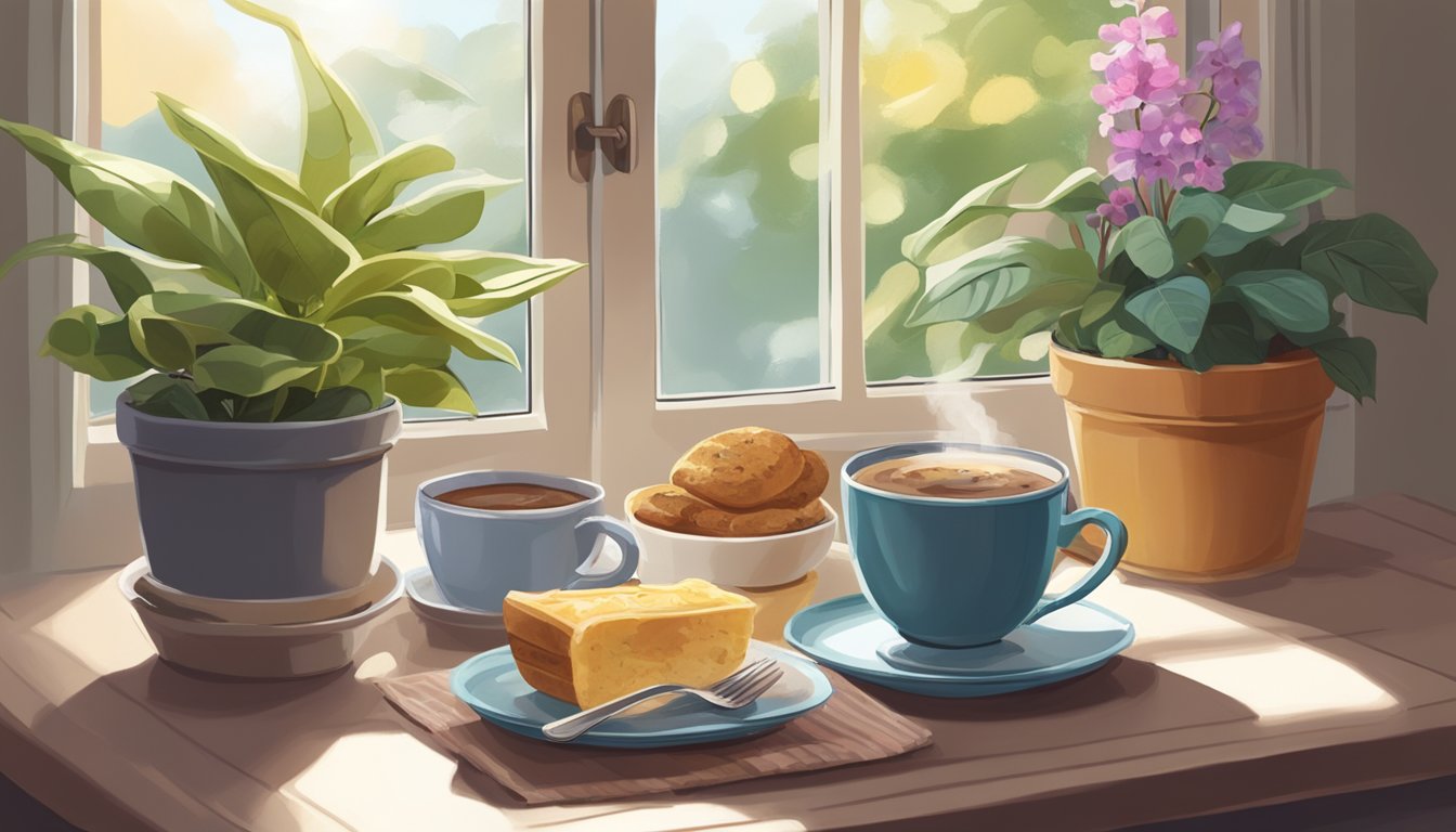 A cozy breakfast nook with a sunlit window seat, adorned with potted plants, a small table set with a colorful tablecloth, and a steaming cup of coffee