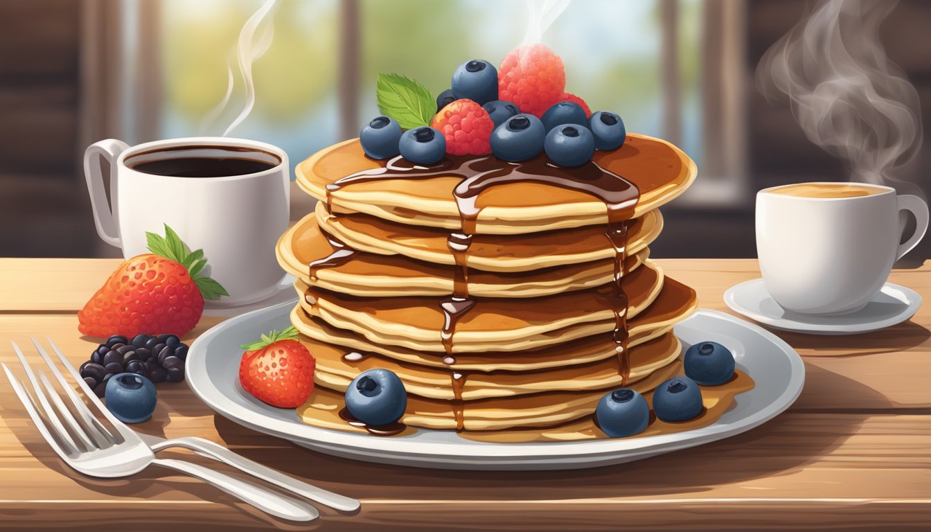 A stack of quinoa pancakes drizzled with maple syrup on a rustic wooden table surrounded by fresh berries and a steaming cup of coffee