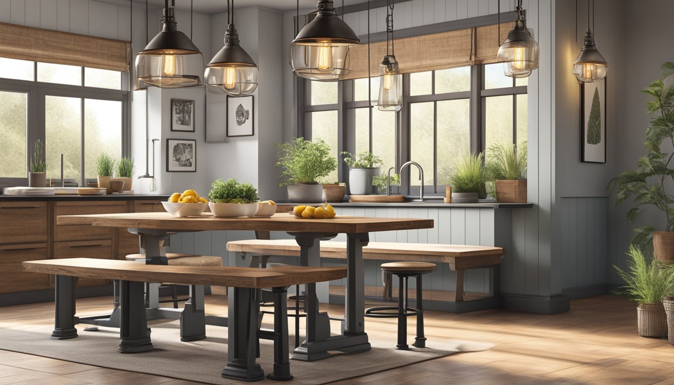 A cozy breakfast nook with industrial style stools, rustic wooden table, and pendant lighting