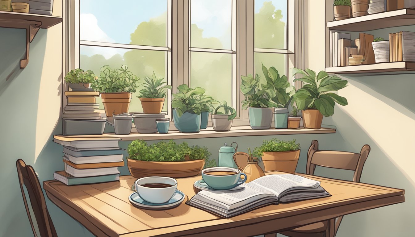 A cozy breakfast nook with floating shelves, adorned with potted plants, cookbooks, and a steaming cup of coffee