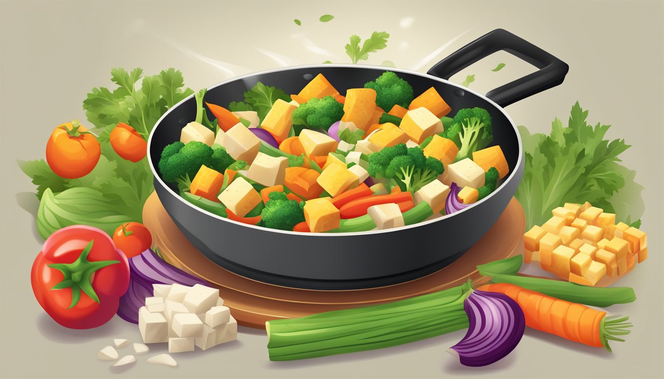 A colorful array of diced vegetables and tofu sizzling in a pan, emitting a mouthwatering aroma