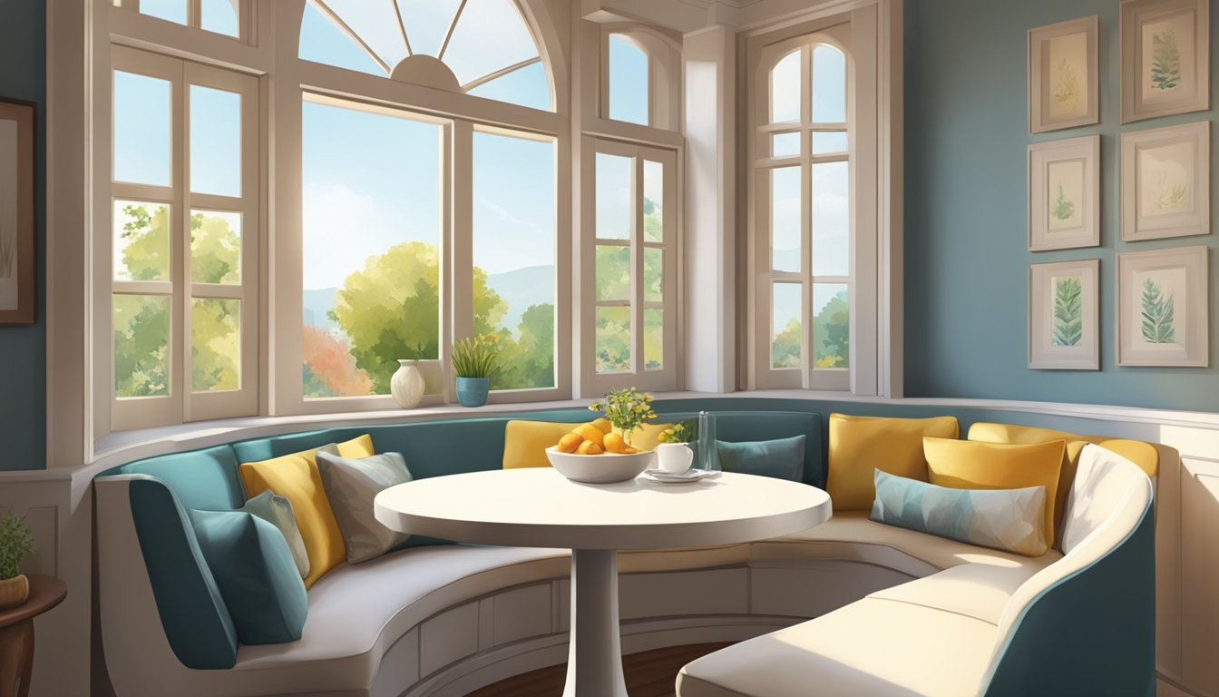 A cozy breakfast nook with a compact circular table, surrounded by cushioned seating, bathed in warm natural light from a nearby window