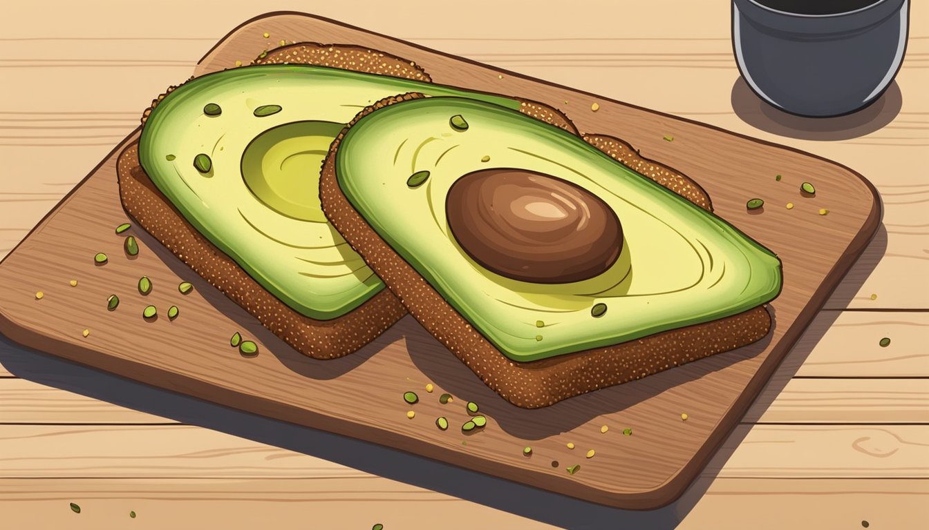 A slice of toast topped with quinoa, avocado slices, and a sprinkle of seasoning on a wooden cutting board