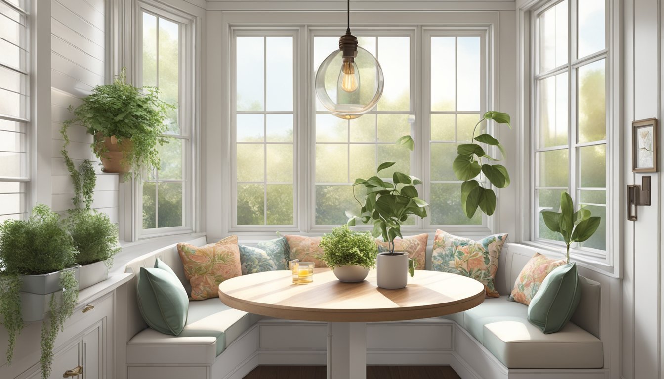 A cozy breakfast nook with a round table, floral cushions, and hanging pendant lights. A large window lets in natural light, and potted plants add a touch of greenery