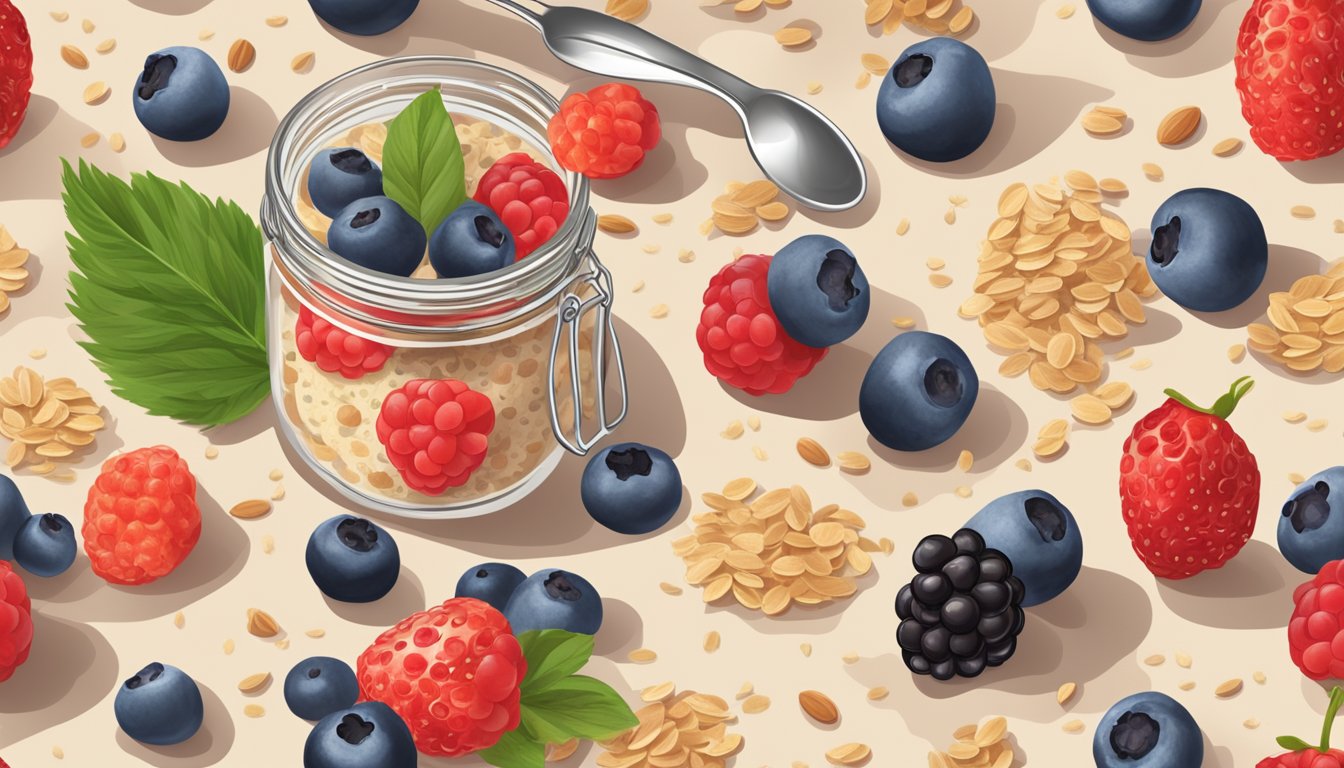 A mason jar filled with overnight oats topped with fresh berries, next to a spoon and a scattering of oats on a wooden table