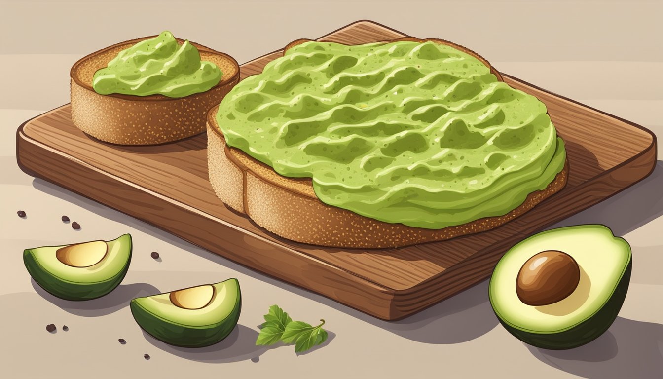 A slice of whole grain toast topped with mashed avocado and sprinkled with seasoning, placed on a wooden cutting board