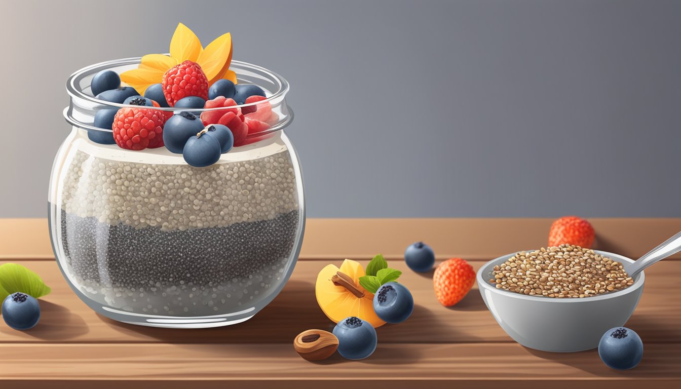 A glass jar filled with layers of chia seed pudding, topped with fresh fruit and nuts, sitting on a wooden table