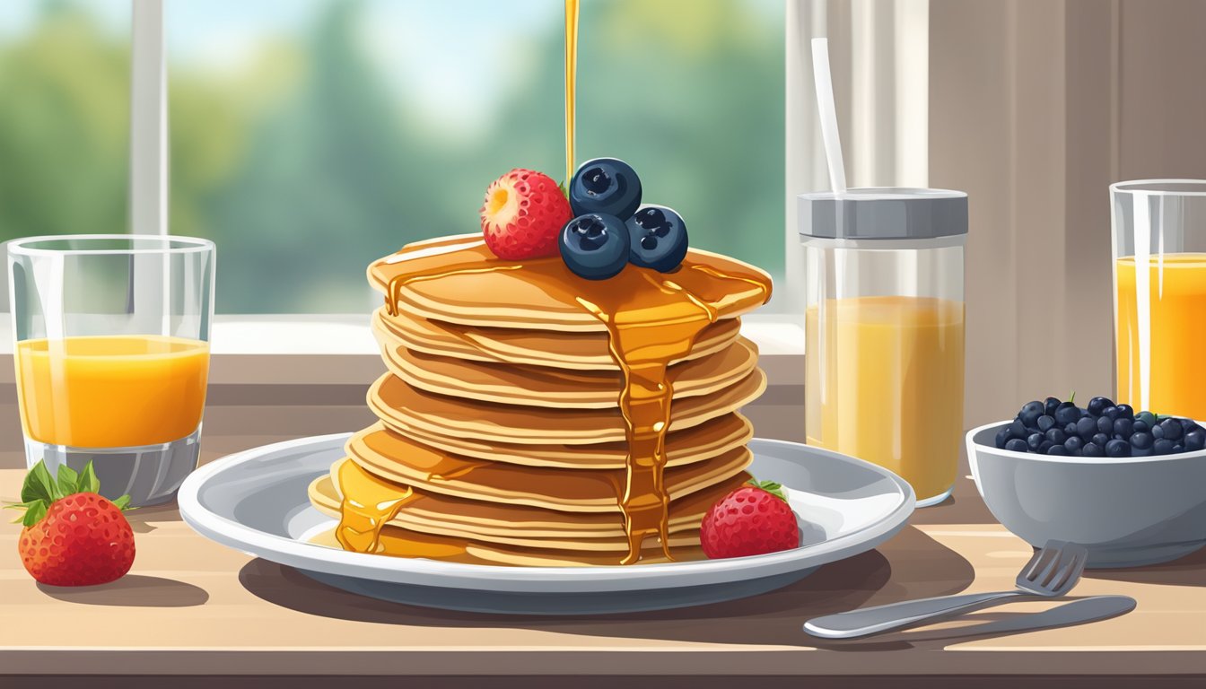 A stack of whole wheat pancakes drizzled with syrup on a plate, accompanied by a glass of orange juice and a side of fresh berries