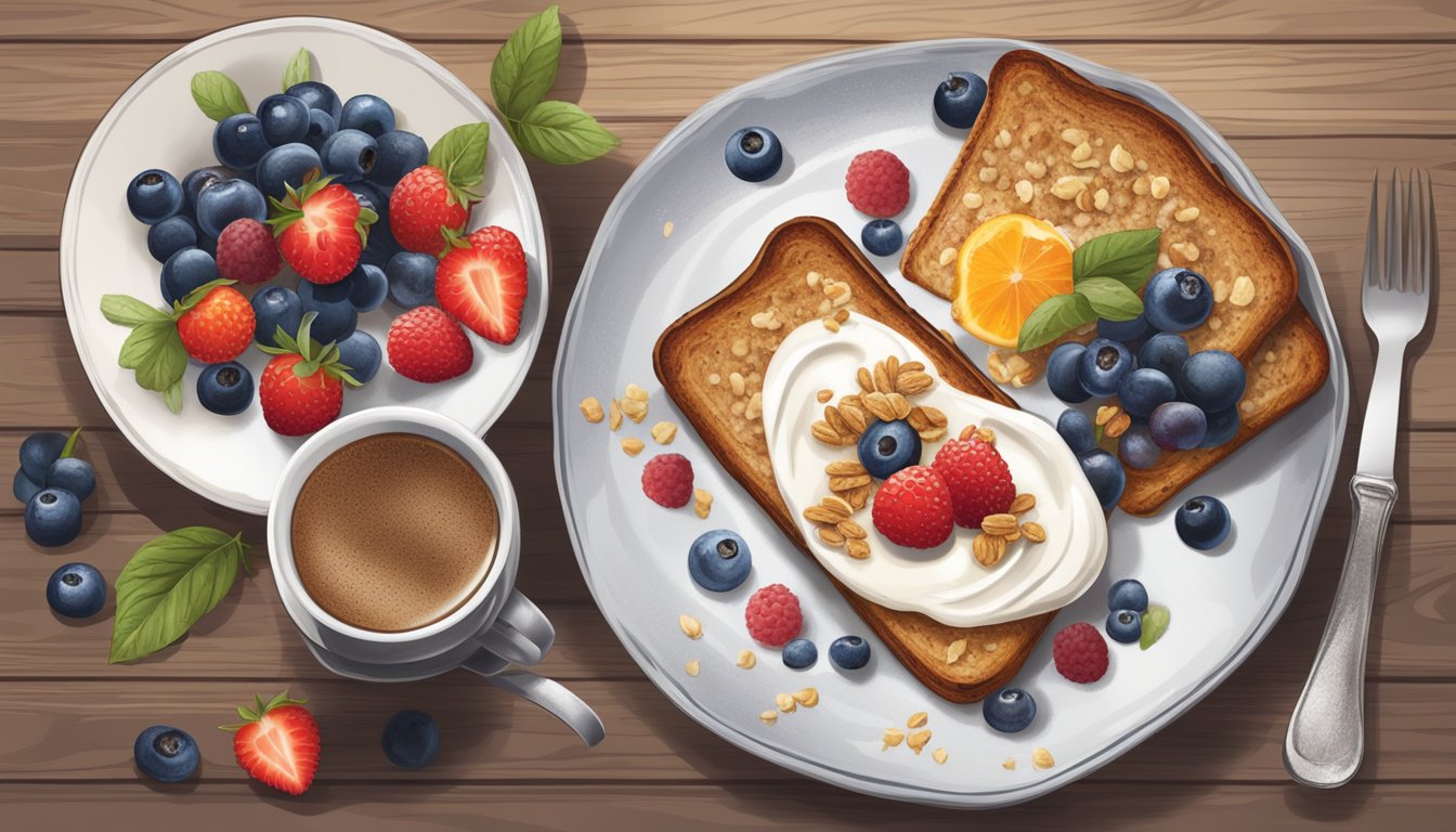 A rustic wooden table set with a plate of ricotta toast topped with fresh berries and granola, accompanied by a steaming cup of coffee