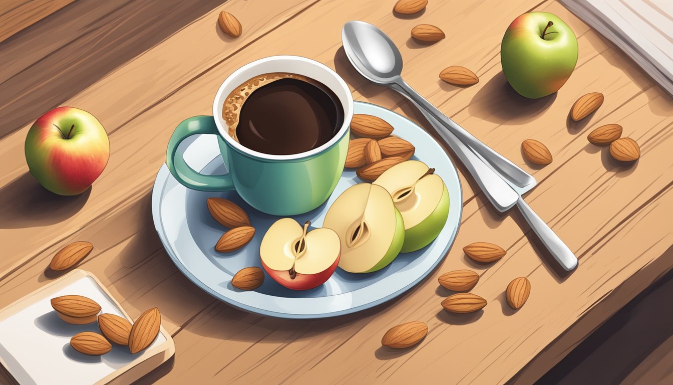 A plate of apple slices with a dollop of almond butter, surrounded by scattered almonds and a to-go cup of coffee on a wooden table