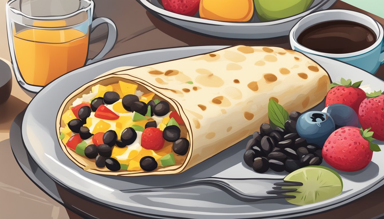 A breakfast burrito filled with black beans, eggs, and cheese sits on a plate next to a colorful array of fresh fruit and a steaming cup of coffee