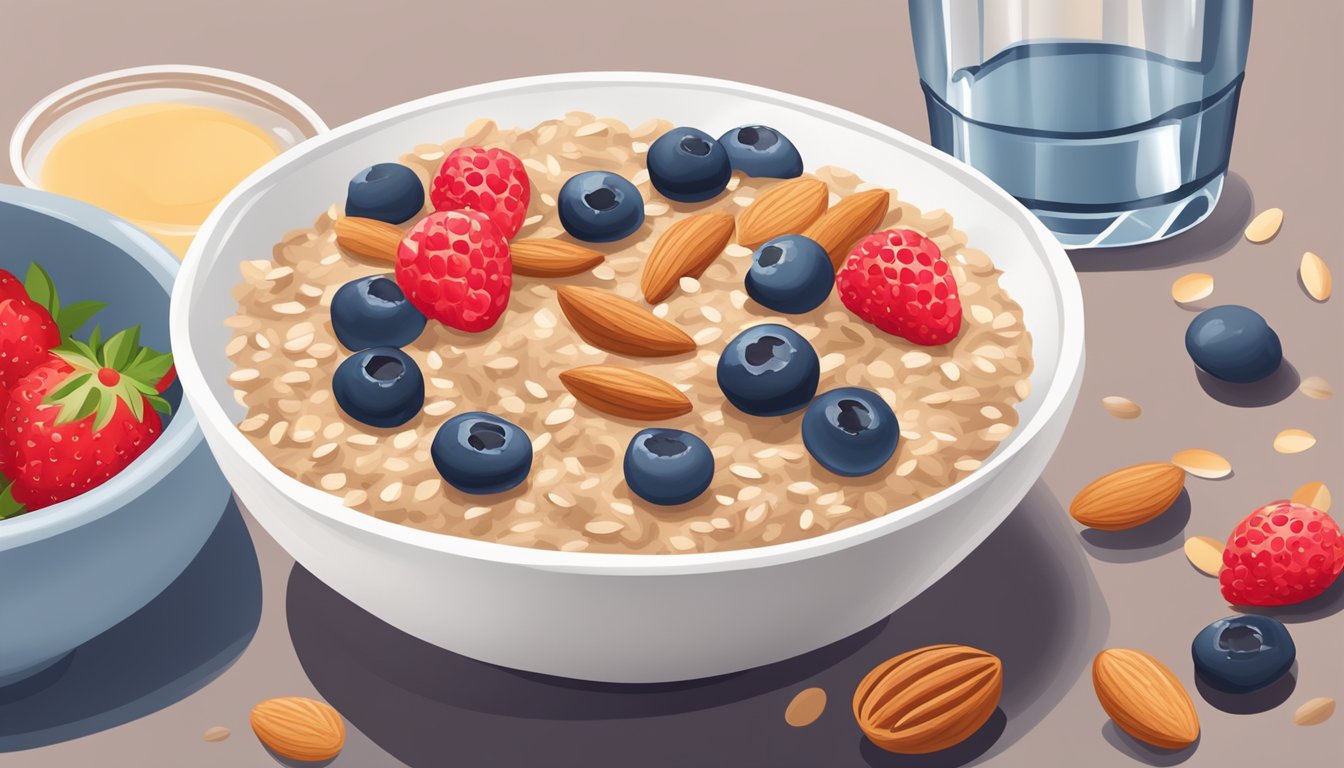 A bowl of oatmeal topped with almond butter and sliced almonds, accompanied by a side of fresh berries and a glass of water