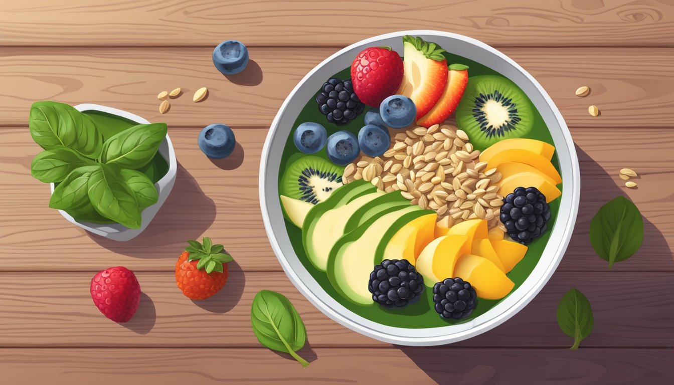 A vibrant smoothie bowl with spinach, topped with colorful fruits and seeds, sits on a wooden table