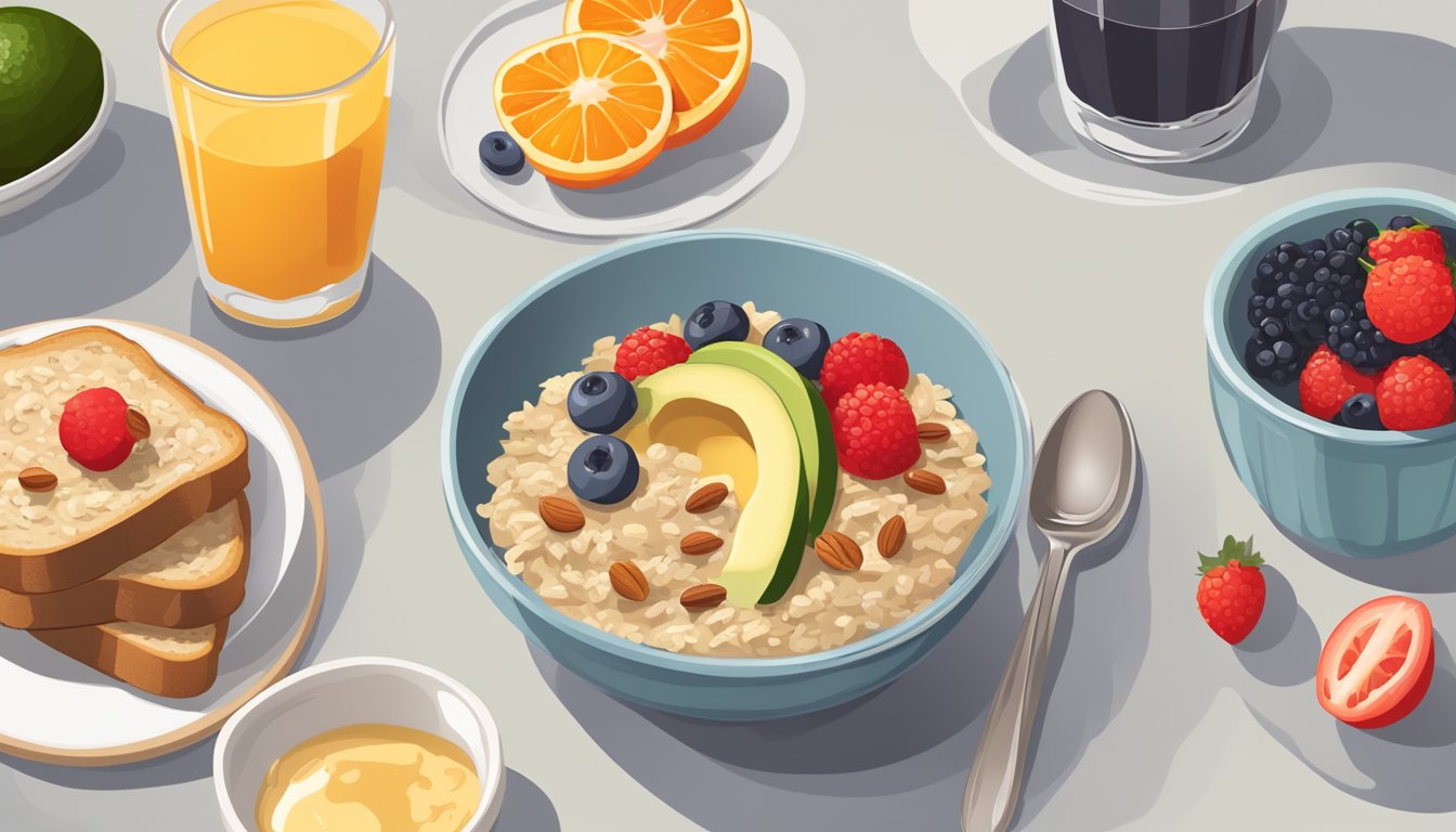 A bowl of oatmeal topped with berries, nuts, and a drizzle of honey sits next to a glass of freshly squeezed orange juice and a plate of whole grain toast with avocado and sliced tomatoes