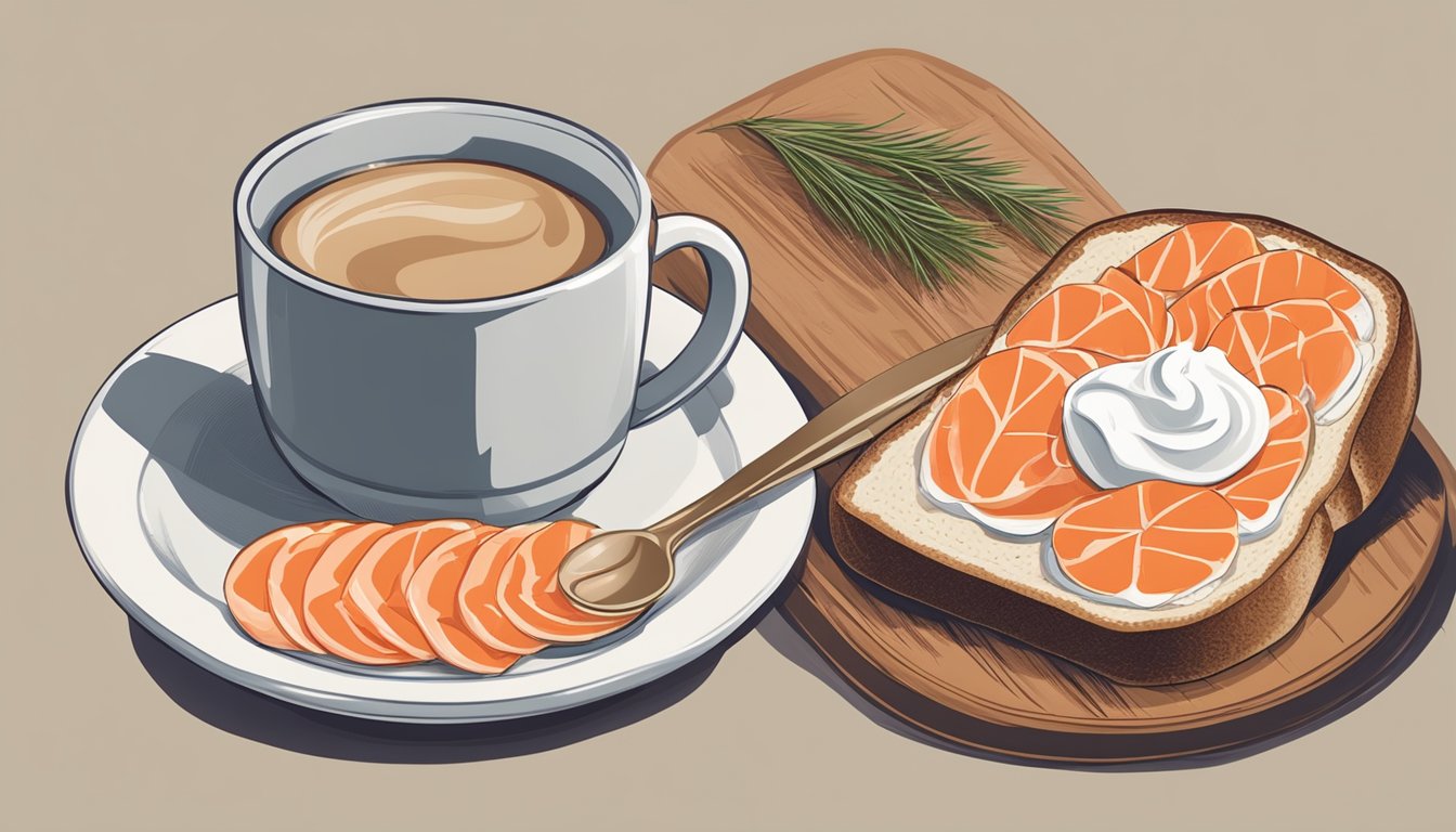 A plate with a sliced rye bread topped with smoked salmon and cream cheese, accompanied by a cup of hot coffee