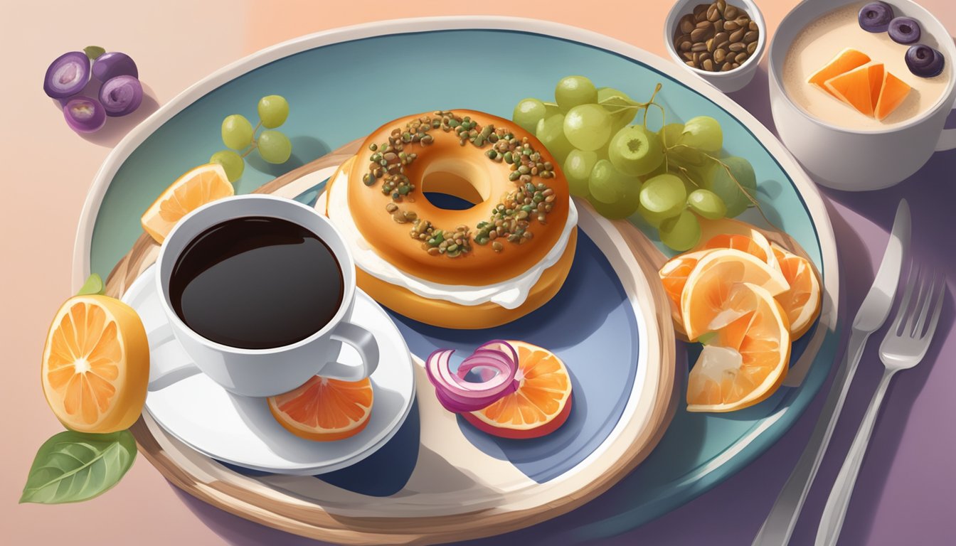 A colorful plate with a toasted bagel topped with cream cheese, smoked salmon, capers, and red onion slices, accompanied by a side of fresh fruit and a steaming cup of coffee