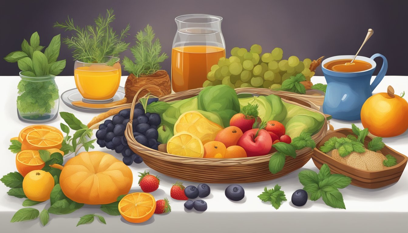 A table set with a colorful array of fresh fruits, vegetables, and herbs, alongside a basket of warm bread and a steaming pot of herbal tea