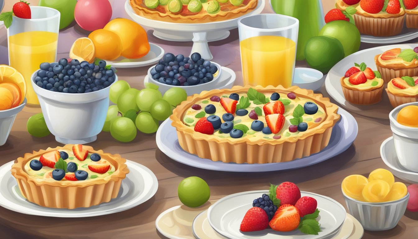 A festive breakfast table with a variety of mini Quiche Lorraines, fresh fruit, and colorful decorations for a birthday celebration