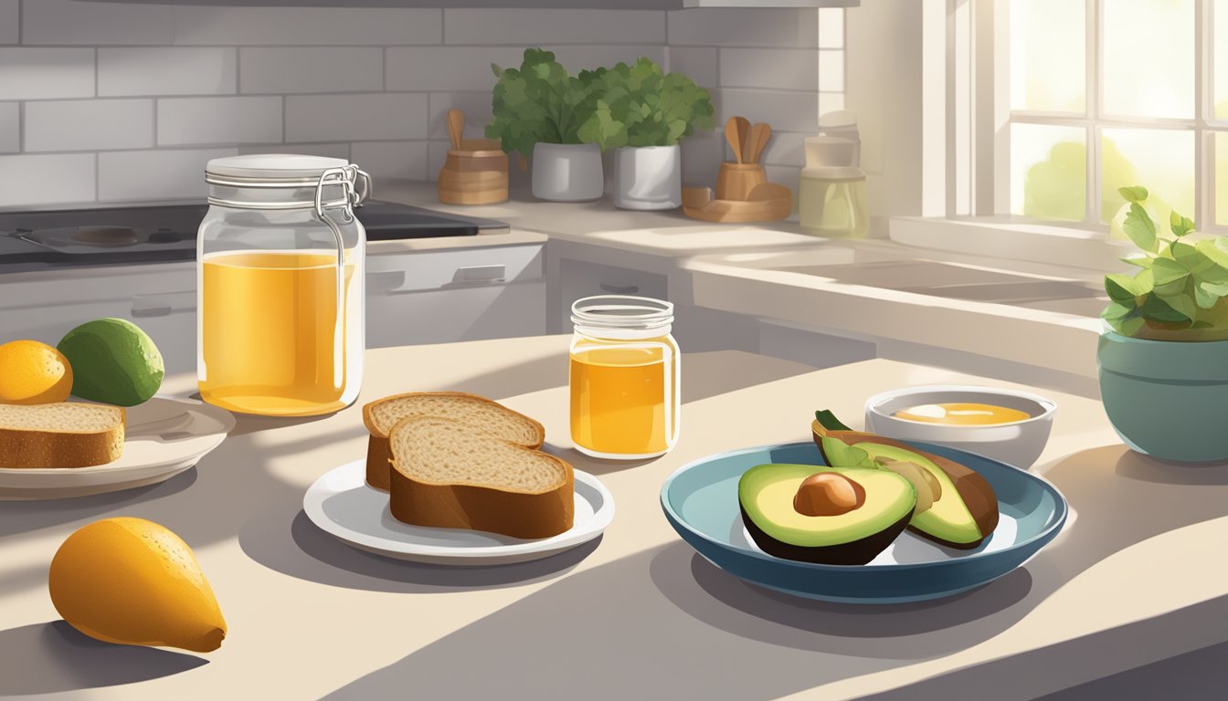 A sunny kitchen with a bowl of fresh fruit, a loaf of whole grain bread, and a jar of honey on the counter. A steaming cup of tea sits next to a plate of avocado toast