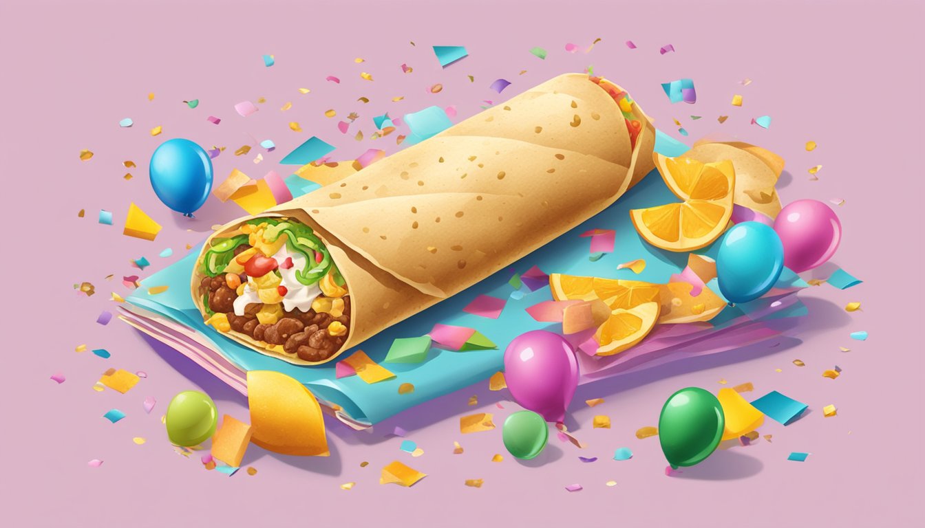 A colorful breakfast burrito surrounded by confetti and birthday decorations