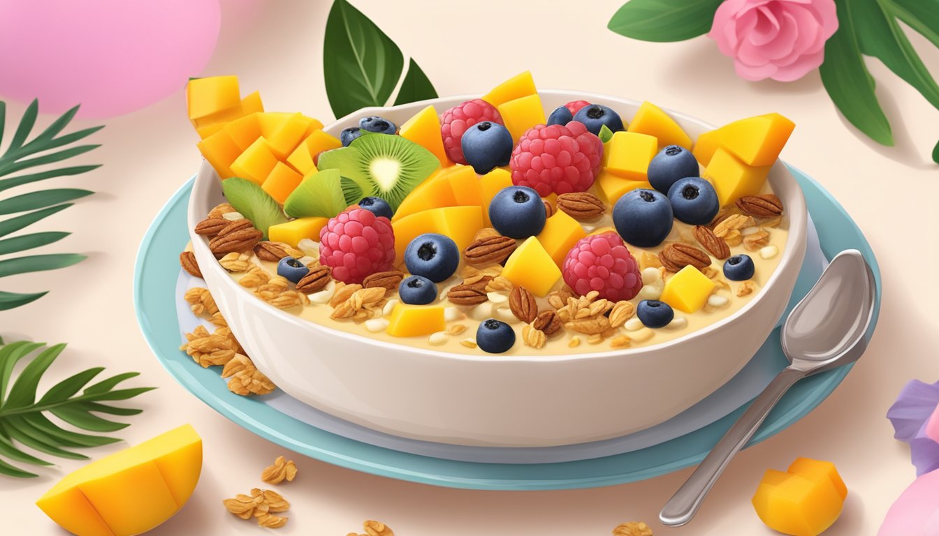 A vibrant mango smoothie bowl topped with fresh fruit and granola, set on a decorative plate with a birthday candle