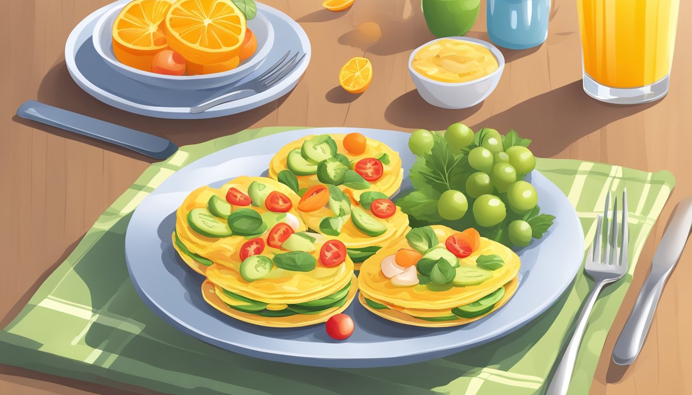 A colorful array of mini veggie omelettes arranged on a plate, surrounded by fresh fruits and a glass of orange juice