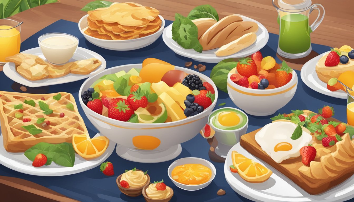 A table set with a variety of breakfast foods from different cultures, including pastries, fruits, and savory dishes, with colorful decorations for a birthday celebration