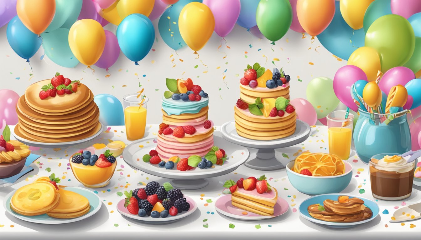 A table set with colorful balloons, confetti, and a spread of birthday breakfast treats like pancakes, fruit, and pastries