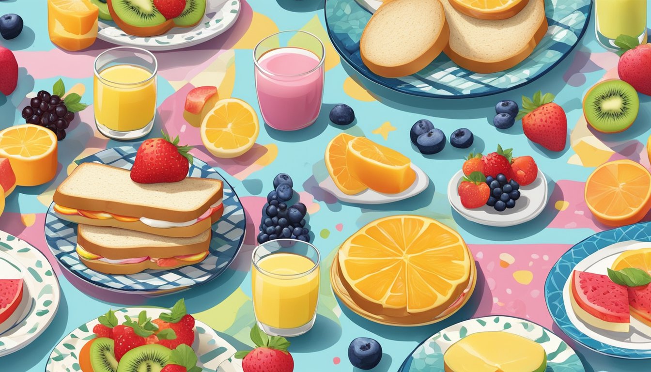 A colorful array of fruit and cream cheese sandwiches arranged on a bright, patterned plate, surrounded by playful breakfast-themed decorations