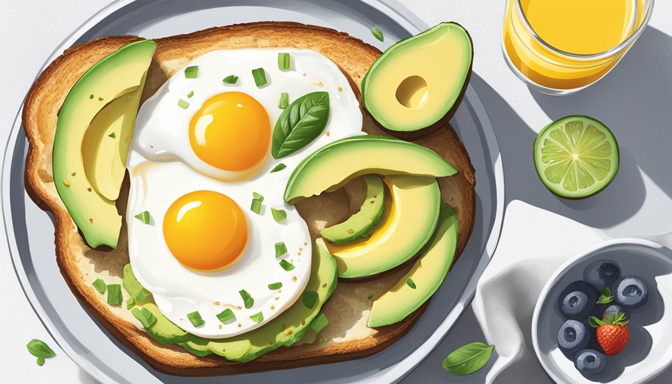 A colorful plate holds avocado toast topped with a sunny-side-up egg, accompanied by sliced fruit and a glass of orange juice