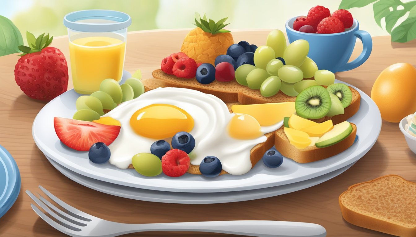 A colorful spread of fruits, yogurt, whole grain toast, and eggs on a cheerful, child-friendly plate