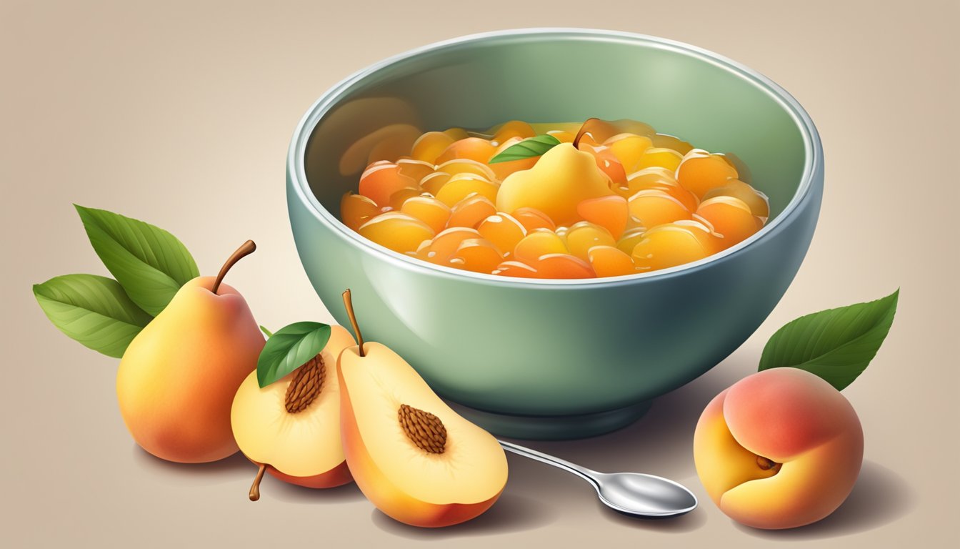 A colorful bowl of peach and pear compote surrounded by fresh fruit and a spoon