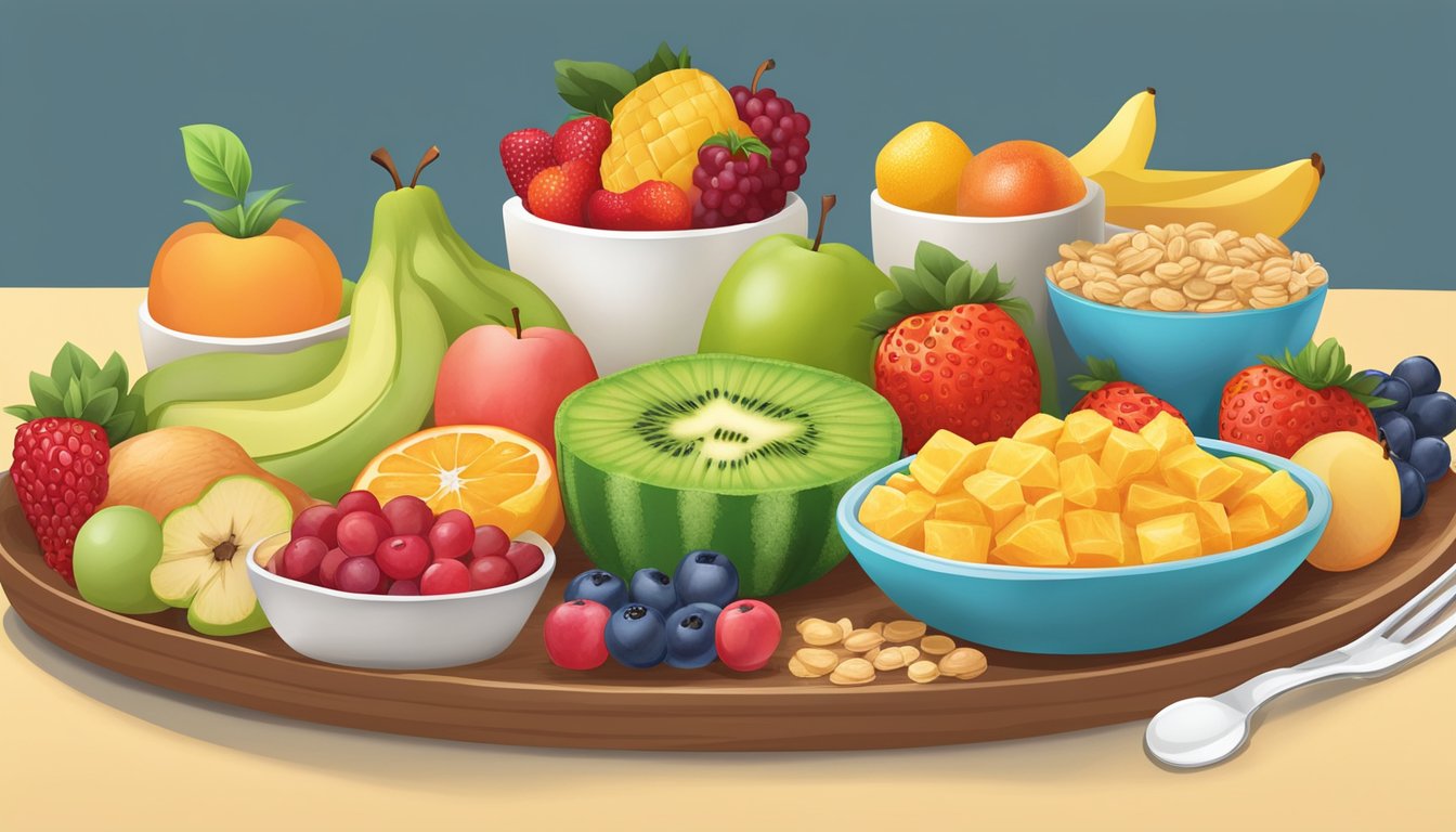 A colorful array of fresh fruits, cereals, and baby-friendly finger foods arranged on a high chair tray