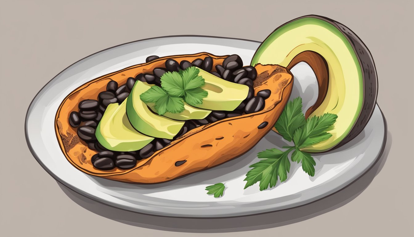 A sweet potato split open, stuffed with avocado and black beans, topped with cilantro and lime