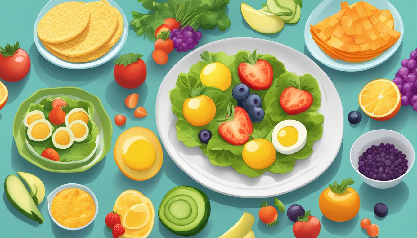 A colorful array of mini veggie omelets arranged on a playful plate, surrounded by bright, fresh vegetables and fruit