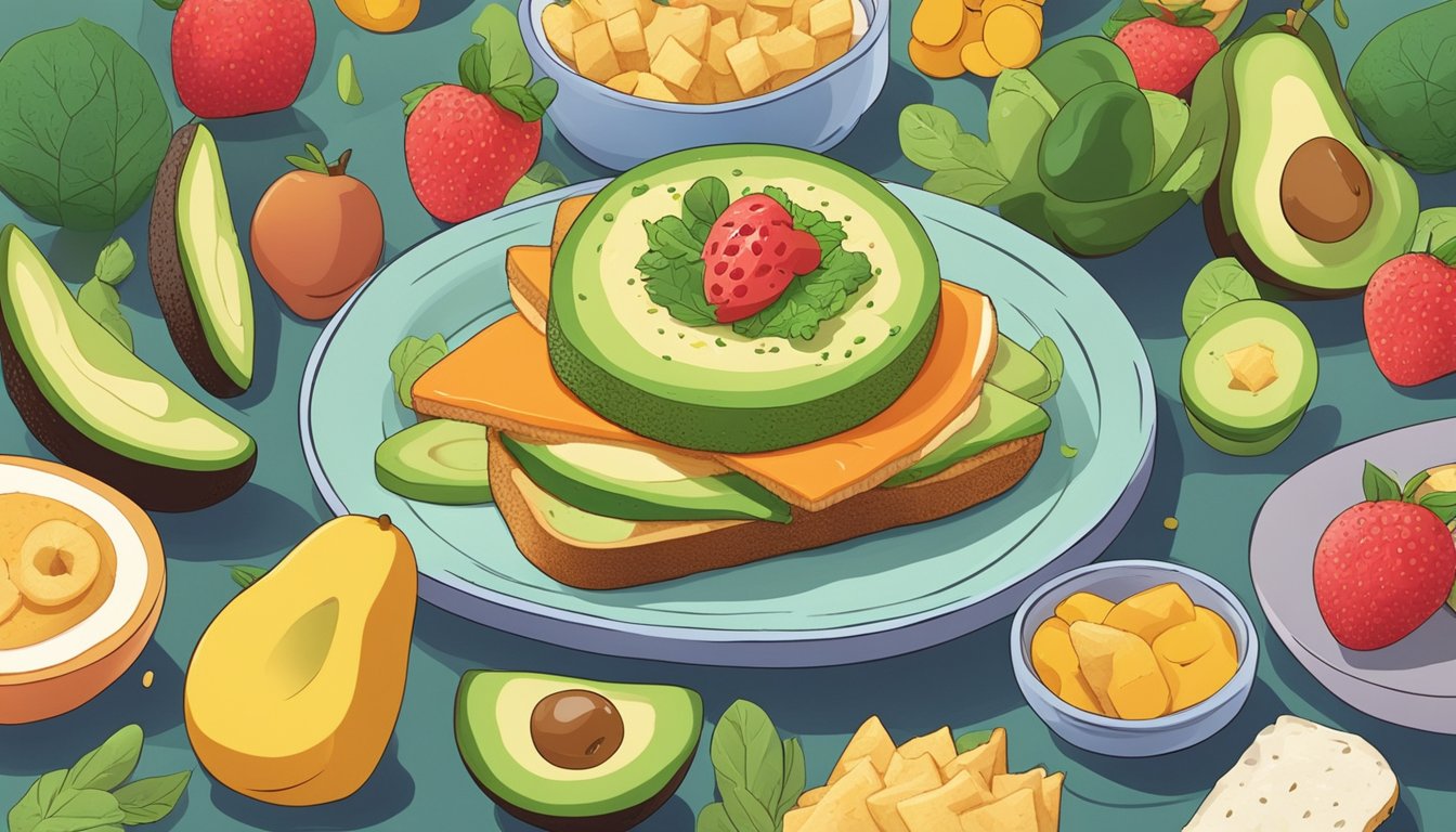 A playful scene of animals made out of avocado toast, surrounded by colorful fruits and vegetables on a plate