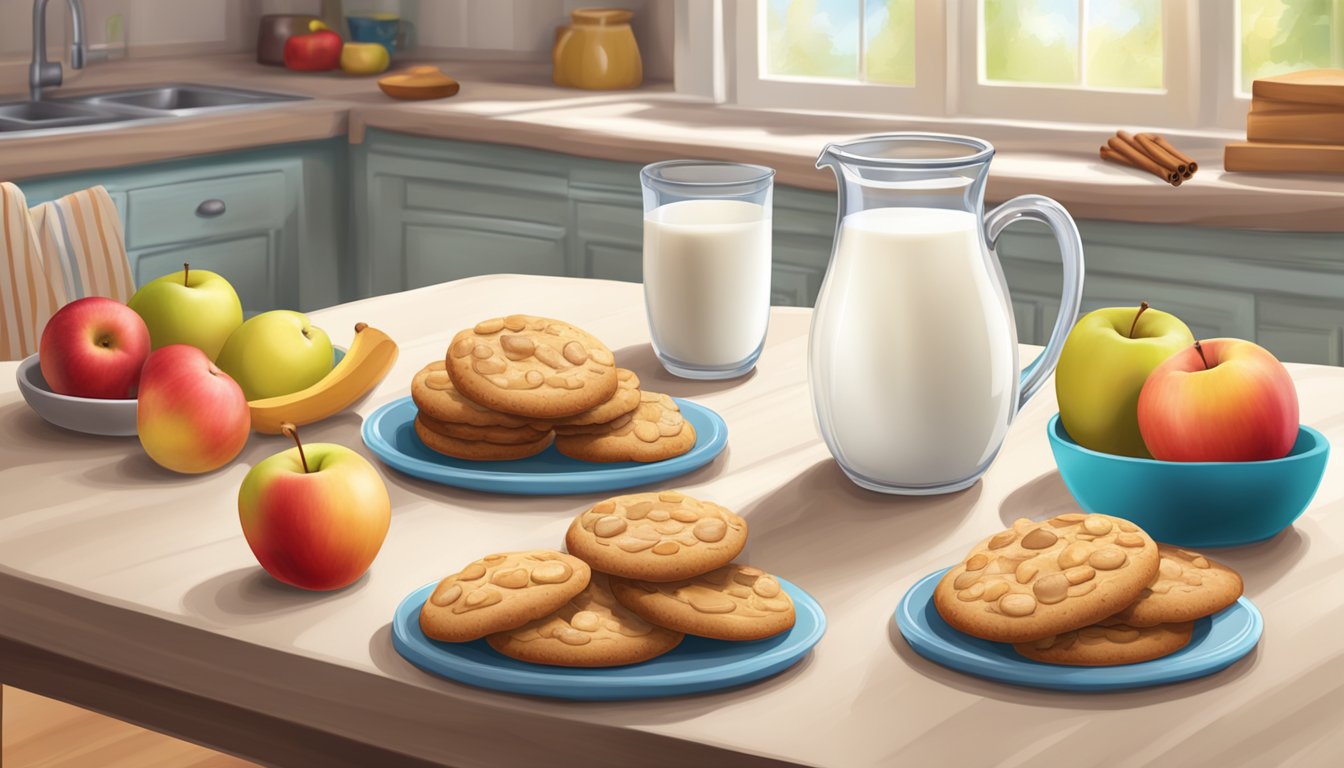 A cozy kitchen table set with apple cinnamon cookies, milk, and fresh fruit for a kids' breakfast