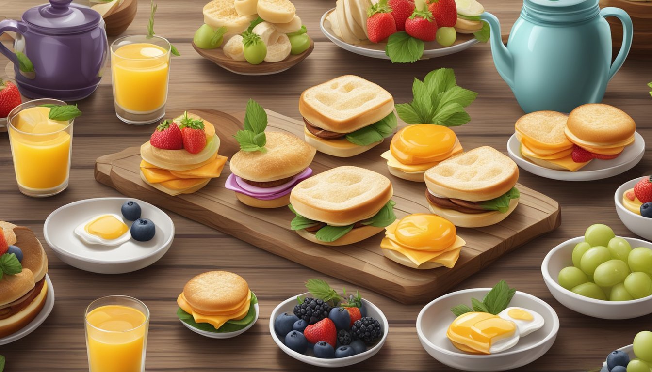 A platter of assorted miniature breakfast sandwiches, surrounded by fresh fruit and garnished with herbs, set on a rustic wooden table