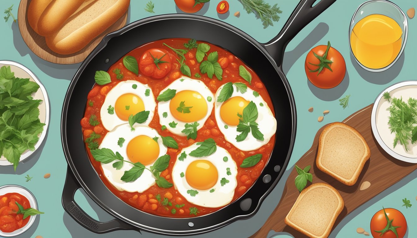 A large skillet filled with bubbling spicy tomato sauce, eggs, and vibrant herbs, surrounded by a variety of fresh bread and colorful serving dishes