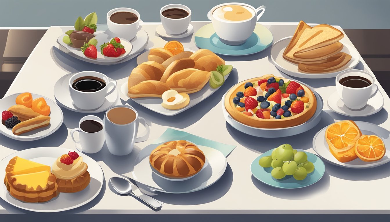 A table set with various breakfast foods, including platters of fruit, pastries, and a large pot of coffee, surrounded by multiple chairs