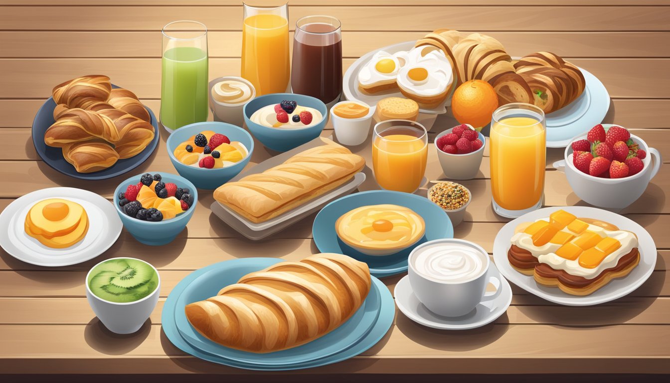 A long wooden table set with an assortment of breakfast foods, including pastries, fruit, yogurt parfaits, and a variety of juices and coffee