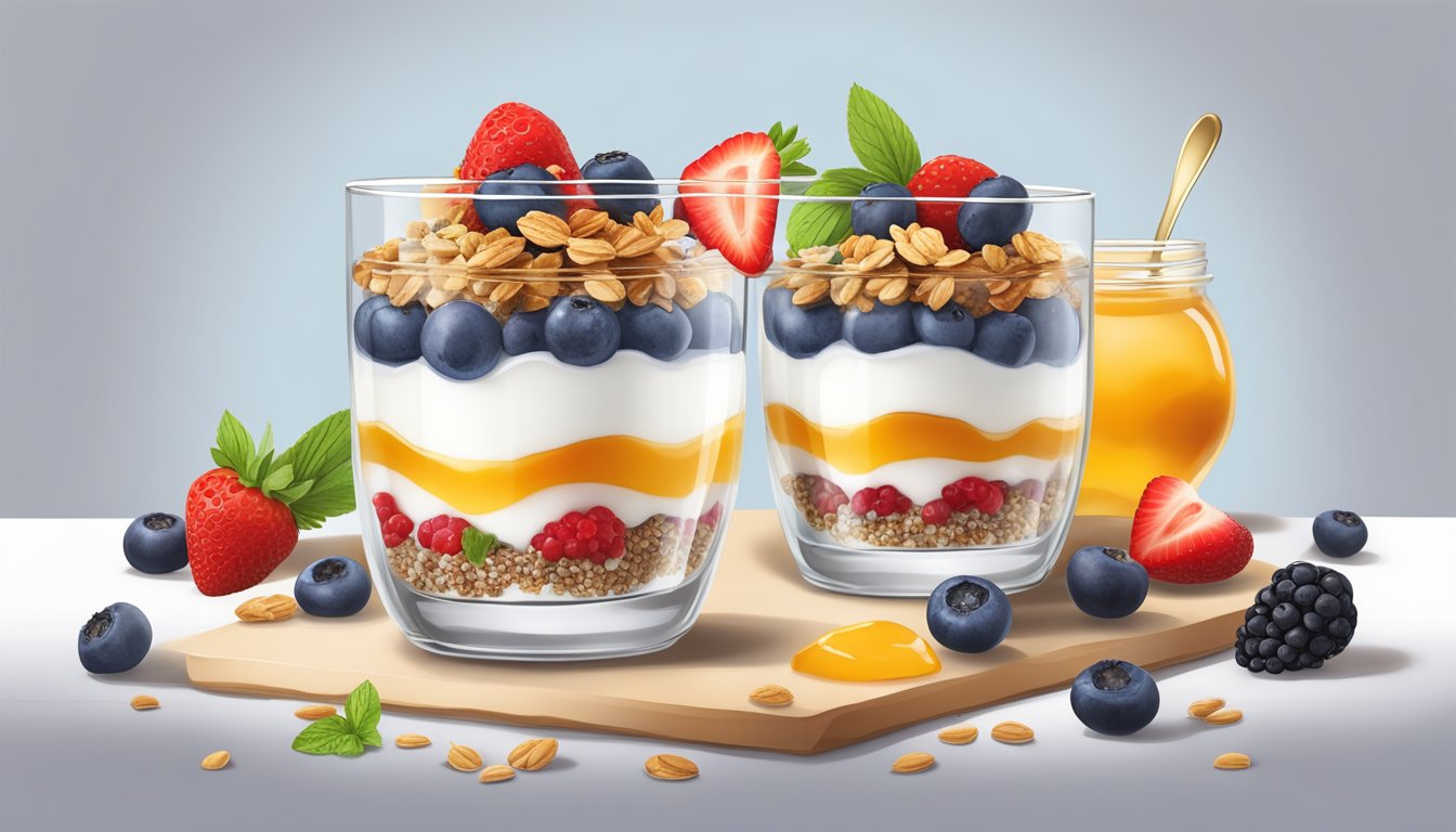 A glass parfait dish filled with layers of Greek yogurt, granola, and fresh berries, topped with a drizzle of honey and a sprinkle of chia seeds