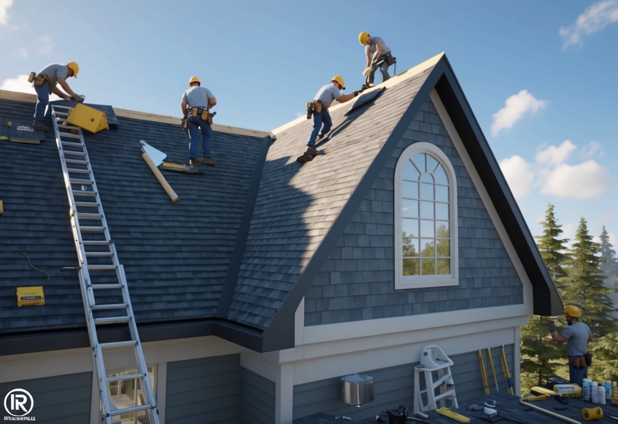 Roofing contractors installing shingles on a steep, gabled roof. Ladders, tools, and materials scattered around the work area