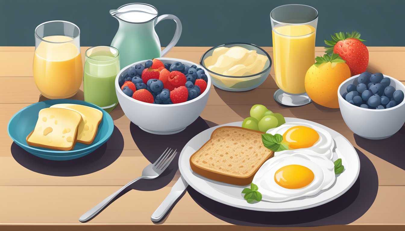 A table set with a colorful array of healthy breakfast options, including fruits, yogurt, whole grain toast, and eggs