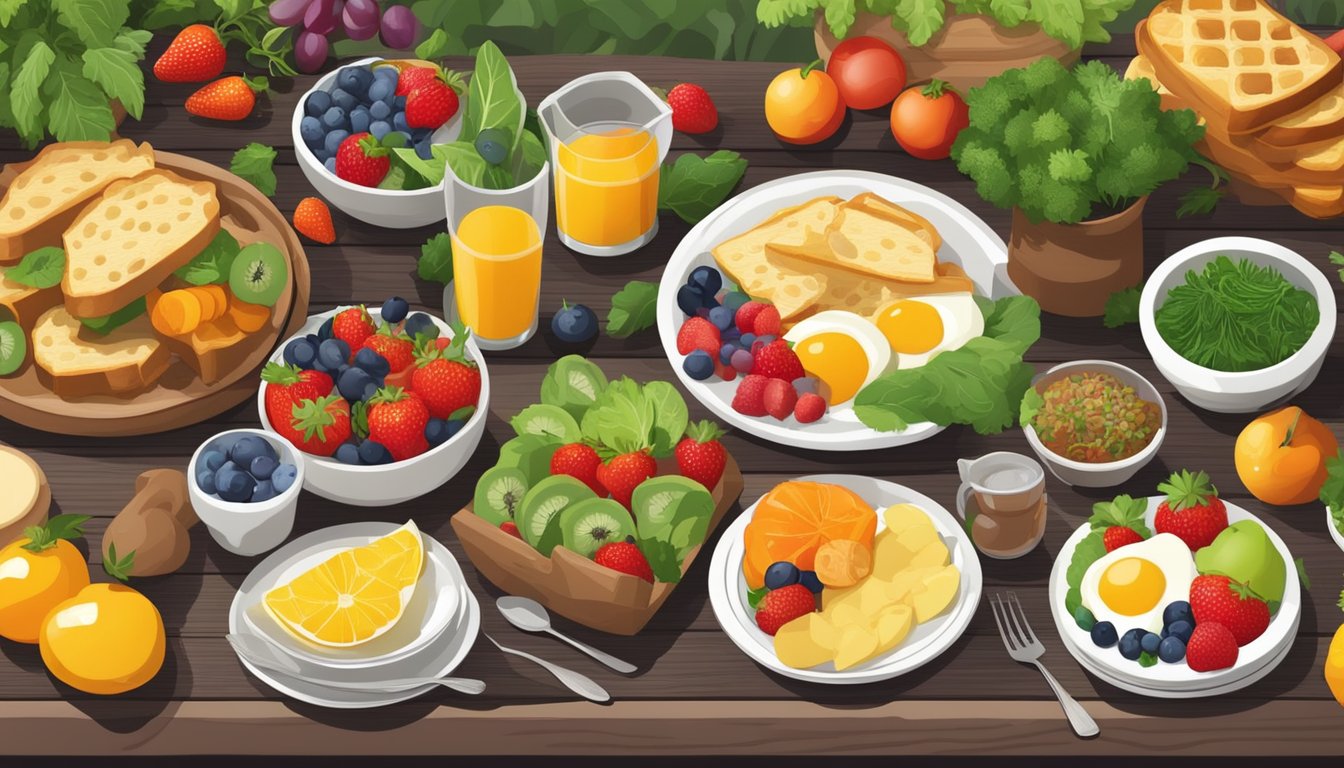 A bountiful breakfast spread with colorful fruits, fresh vegetables, and seasonal herbs arranged on a rustic wooden table