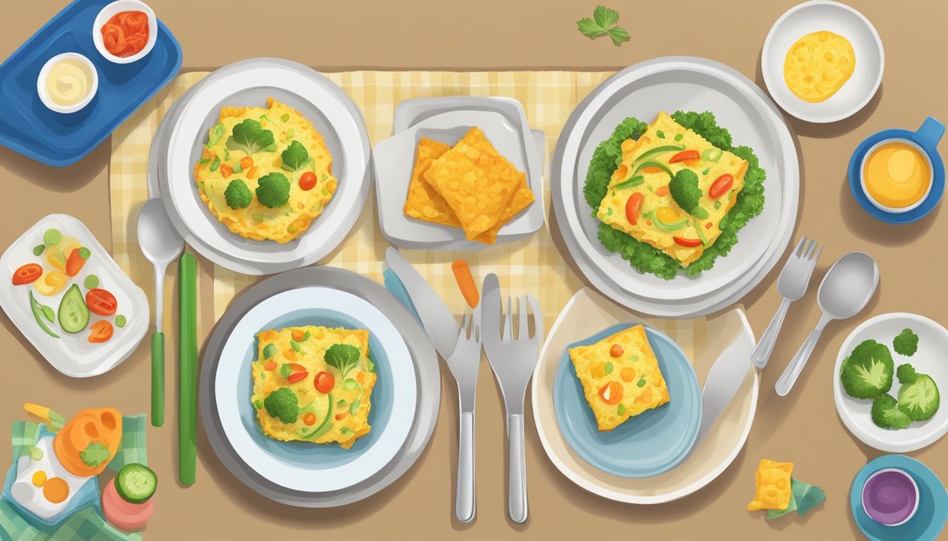 A colorful plate of mini vegetable omelette bites surrounded by child-friendly utensils and a playful placemat